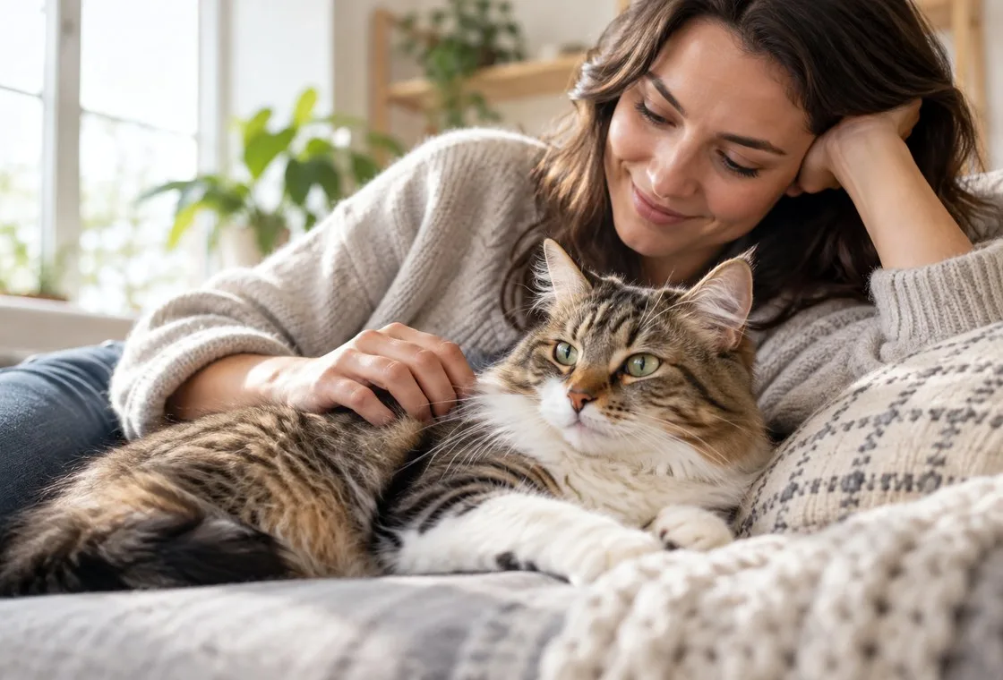 Owner relaxing at home beside a long-haired tabby cat